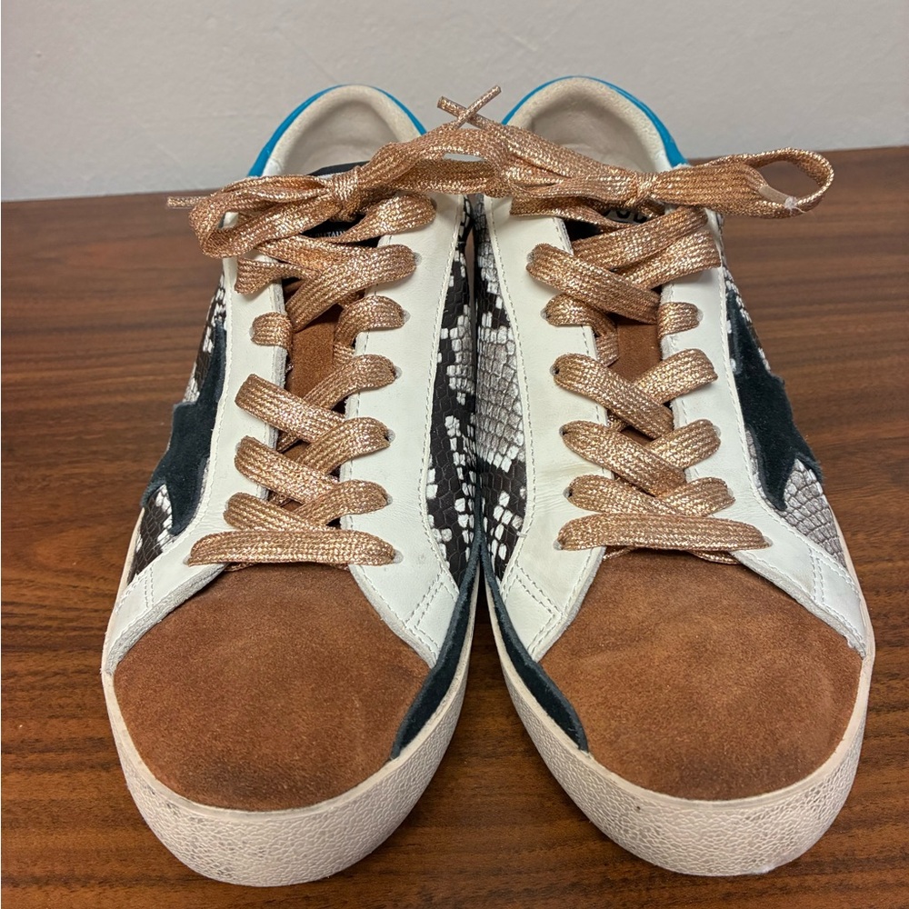 Golden Goose Sneakers w Snake print Blue Star and gold laces. Size 10